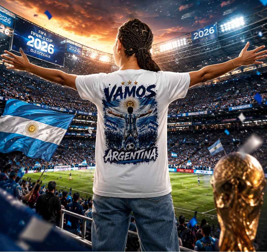 Person wearing a 'Vamos Argentina' shirt in a stadium with a large crowd and World Cup 2026 signage.